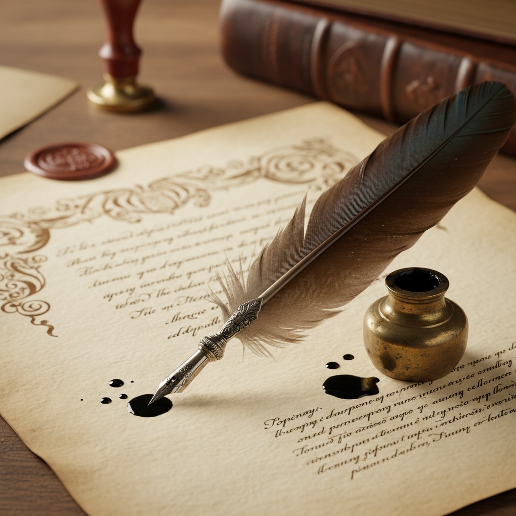 Una penna d'oca poggia su un foglio di carta antica accanto a un calamaio in ottone e a un sigillo in ceralacca.